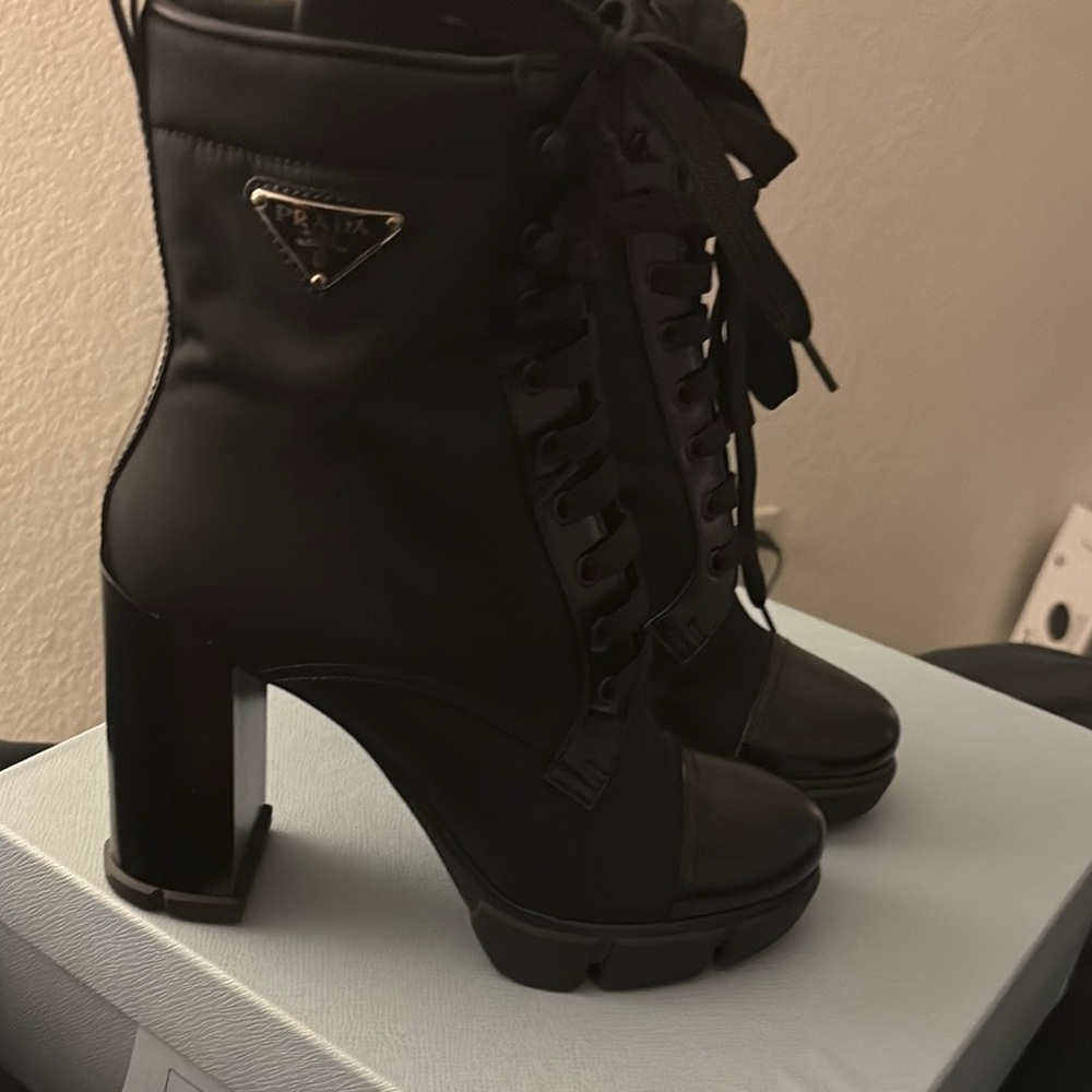 Prada Black Heeled Boots with Chunky Heel and Lace-Up Design